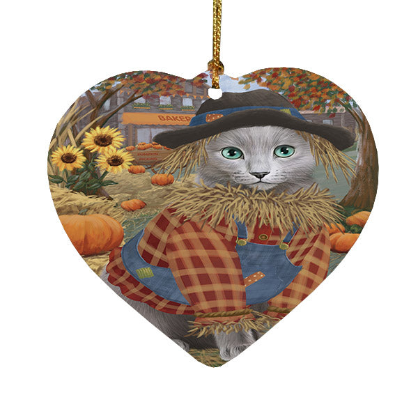 Fall Pumpkin Scarecrow Russian Blue Cats Heart Christmas Ornament HPOR57758