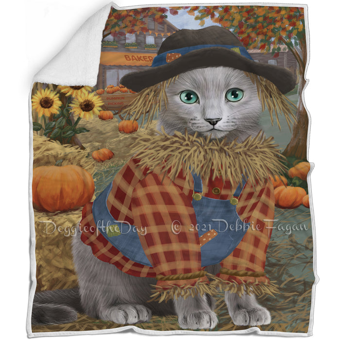 Halloween 'Round Town And Fall Pumpkin Scarecrow Both Russian Blue Cats Blanket BLNKT143635