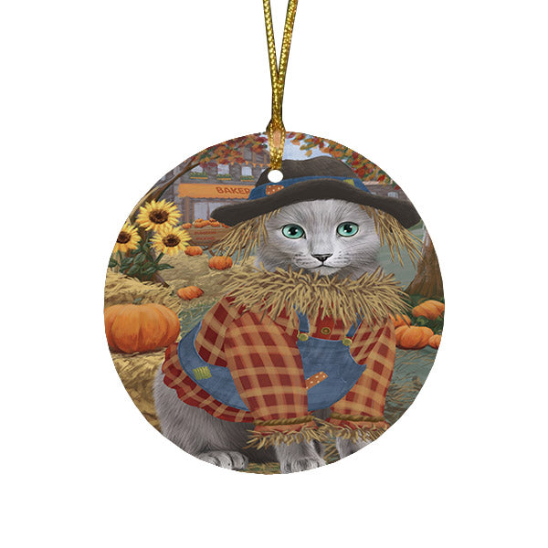 Halloween 'Round Town And Fall Pumpkin Scarecrow Both Russian Blue Cat Round Flat Christmas Ornament RFPOR57662