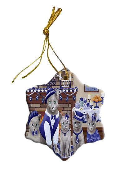 Happy Hanukkah Family Russian Blue Cats Star Porcelain Ornament SPOR57727