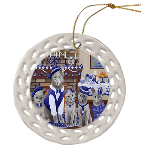Happy Hanukkah Family Russian Blue Cats Ceramic Doily Ornament DPOR57727