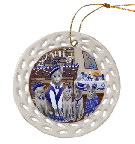 Happy Hanukkah Family Russian Blue Cats Doily Ornament DPOR57911