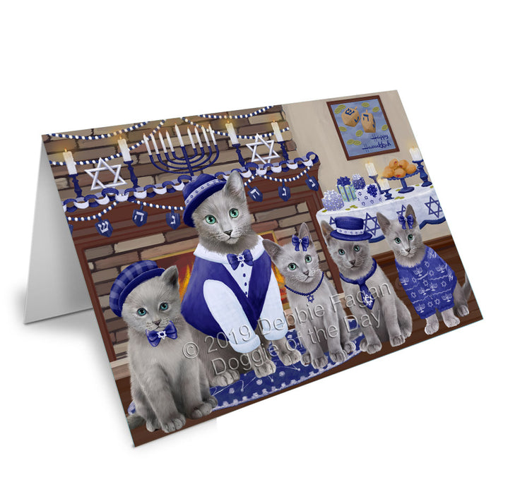 Happy Hanukkah Family Russian Blue Cats Handmade Artwork Assorted Pets Greeting Cards and Note Cards with Envelopes for All Occasions and Holiday Seasons GCD78527