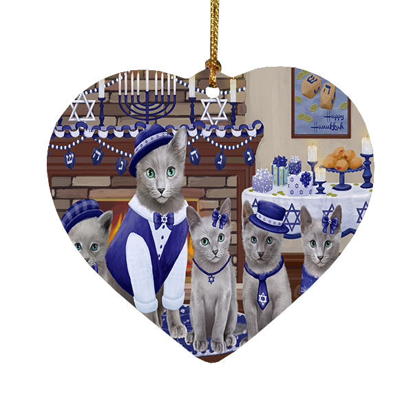 Happy Hanukkah Family Russian Blue Cats Heart Christmas Ornament HPOR57727