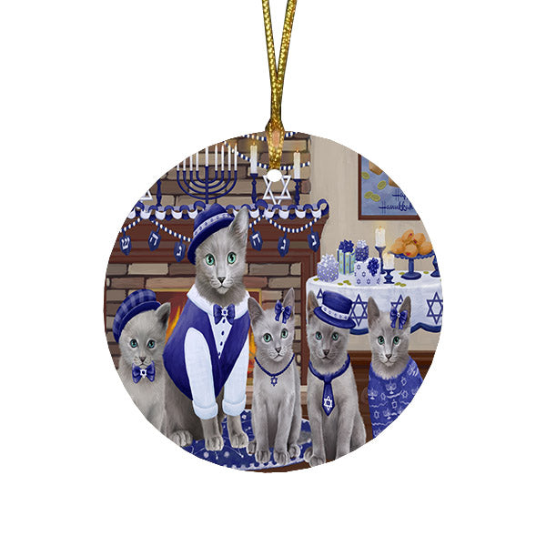 Happy Hanukkah Family and Happy Hanukkah Both Russian Blue Cats Round Flat Christmas Ornament RFPOR57631