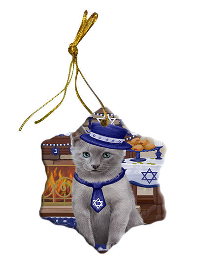 Happy Hanukkah Russian Blue Cat Star Porcelain Ornament SPOR57788