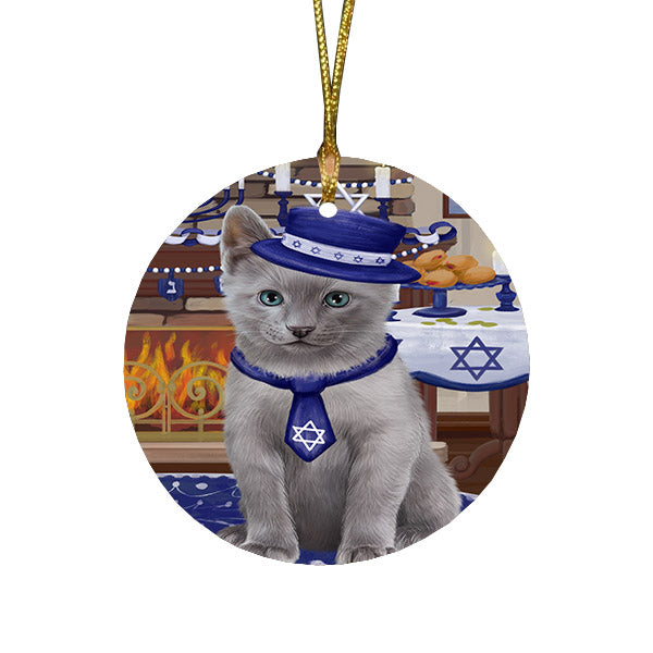 Happy Hanukkah Family and Happy Hanukkah Both Russian Blue Cat Round Flat Christmas Ornament RFPOR57692