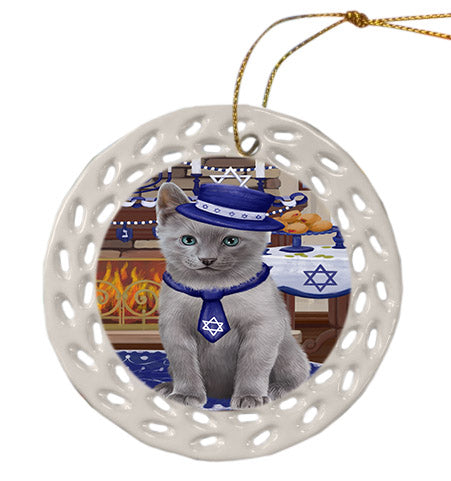 Happy Hanukkah Russian Blue Cat Ceramic Doily Ornament DPOR57788