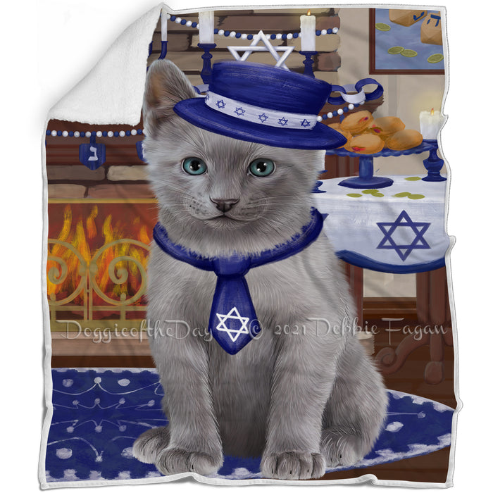 Happy Hanukkah Russian Blue Cat Blanket BLNKT144030