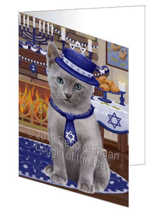 Happy Hanukkah Russian Blue Cat Handmade Artwork Assorted Pets Greeting Cards and Note Cards with Envelopes for All Occasions and Holiday Seasons GCD78710