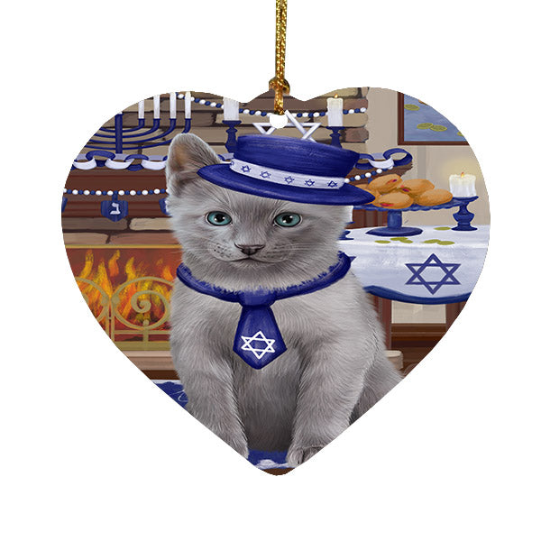 Happy Hanukkah Russian Blue Cat Heart Christmas Ornament HPOR57788
