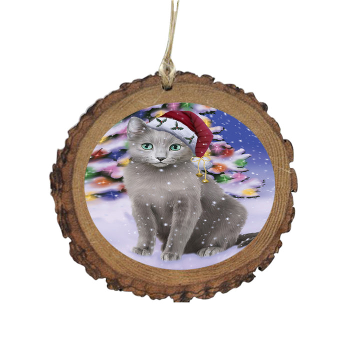 Winterland Wonderland Russian Blue Cat In Christmas Holiday Scenic Background Wooden Christmas Ornament WOR49628