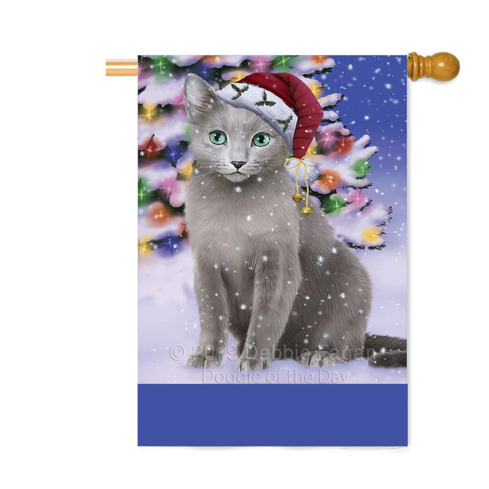 Personalized Winterland Wonderland Russian Blue Cat In Christmas Holiday Scenic Background Custom House Flag FLG-DOTD-A61437