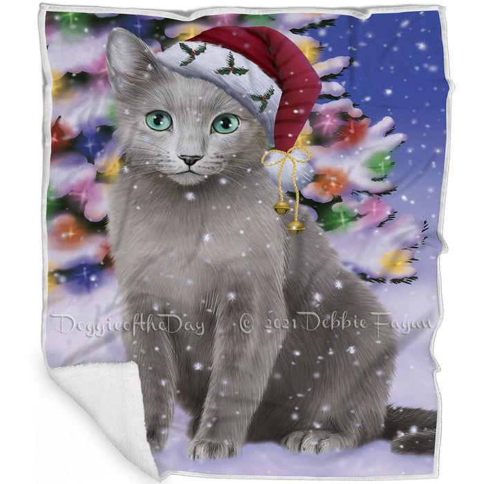 Winterland Wonderland Russian Blue Cat In Christmas Holiday Scenic Background Blanket BLNKT101316