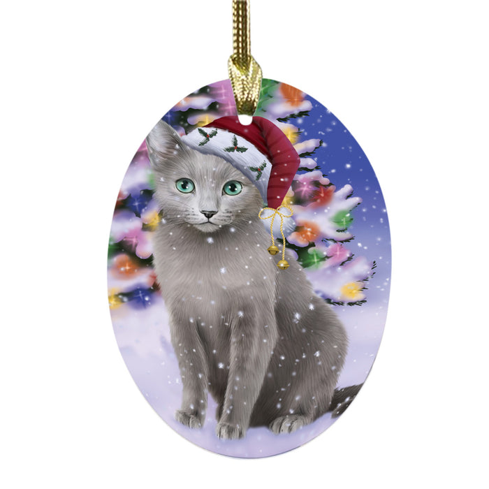 Winterland Wonderland Russian Blue Cat In Christmas Holiday Scenic Background Oval Glass Christmas Ornament OGOR49628