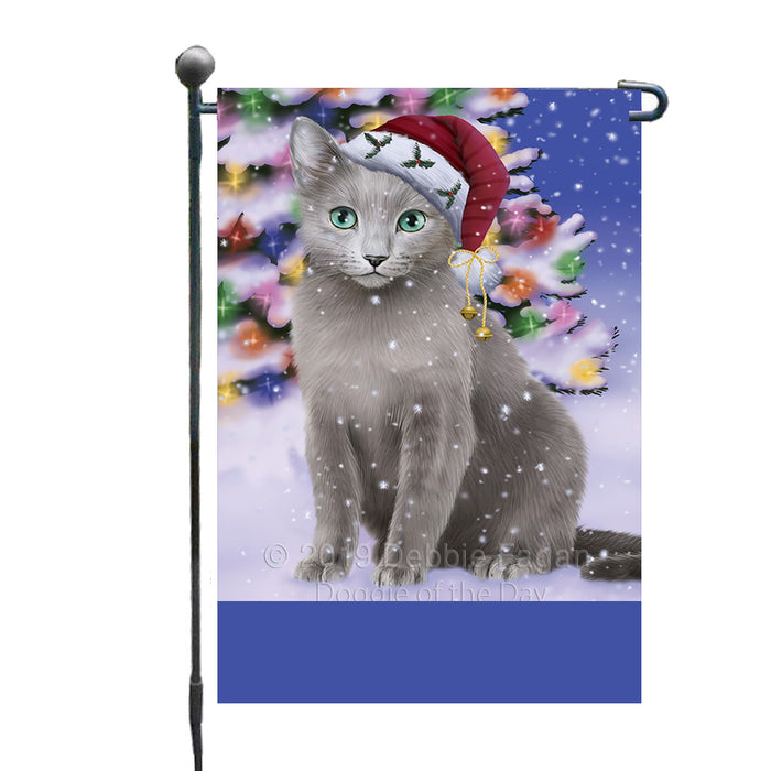 Personalized Winterland Wonderland Russian Blue Cat In Christmas Holiday Scenic Background Custom Garden Flags GFLG-DOTD-A61381