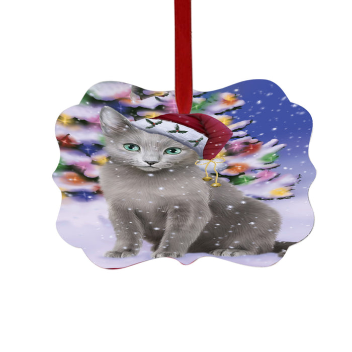 Winterland Wonderland Russian Blue Cat In Christmas Holiday Scenic Background Double-Sided Photo Benelux Christmas Ornament LOR49628