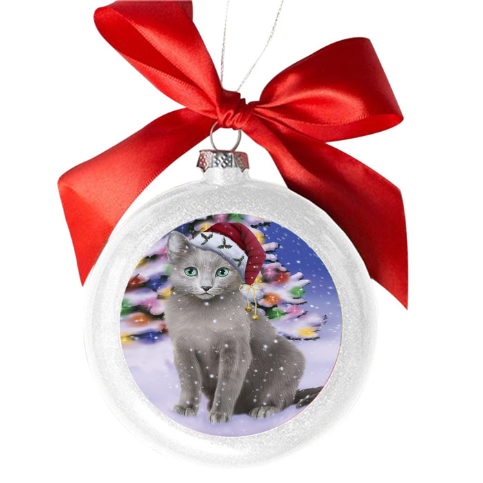 Winterland Wonderland Russian Blue Cat In Christmas Holiday Scenic Background White Round Ball Christmas Ornament WBSOR49628