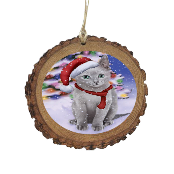 Winterland Wonderland Russian Blue Cat In Christmas Holiday Scenic Background Wooden Christmas Ornament WOR49629