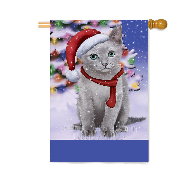 Personalized Winterland Wonderland Russian Blue Cat In Christmas Holiday Scenic Background Custom House Flag FLG-DOTD-A61438