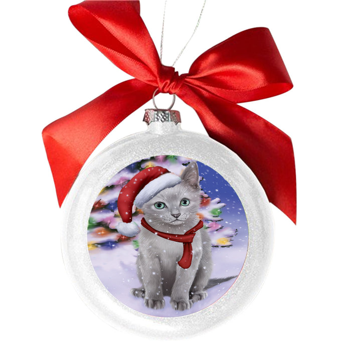 Winterland Wonderland Russian Blue Cat In Christmas Holiday Scenic Background White Round Ball Christmas Ornament WBSOR49629