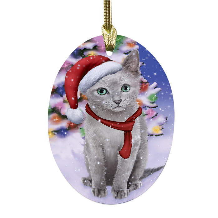 Winterland Wonderland Russian Blue Cat In Christmas Holiday Scenic Background Oval Glass Christmas Ornament OGOR49629