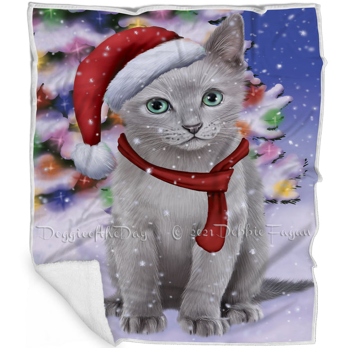 Winterland Wonderland Russian Blue Cat In Christmas Holiday Scenic Background Blanket BLNKT101325