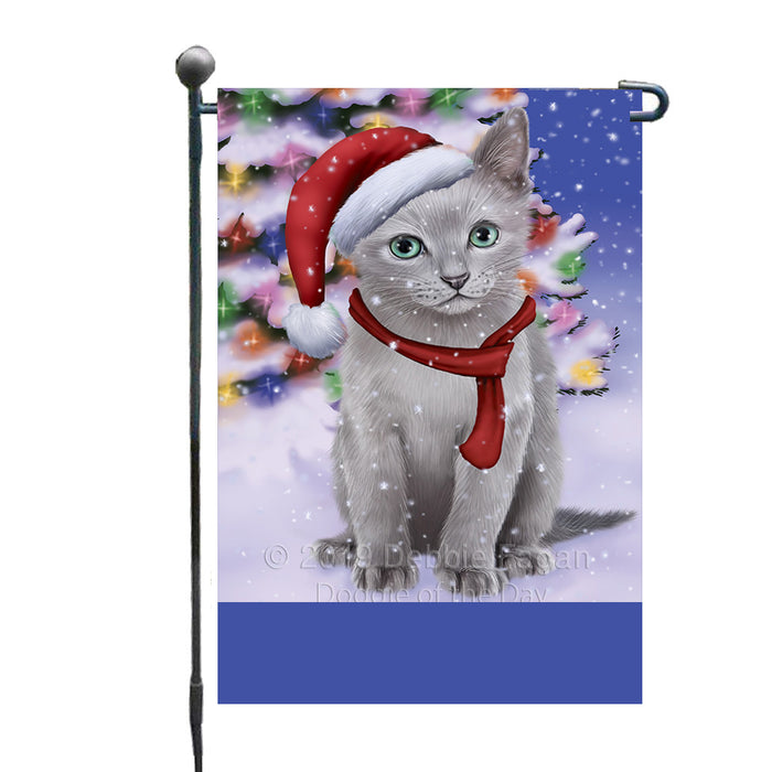 Personalized Winterland Wonderland Russian Blue Cat In Christmas Holiday Scenic Background Custom Garden Flags GFLG-DOTD-A61382
