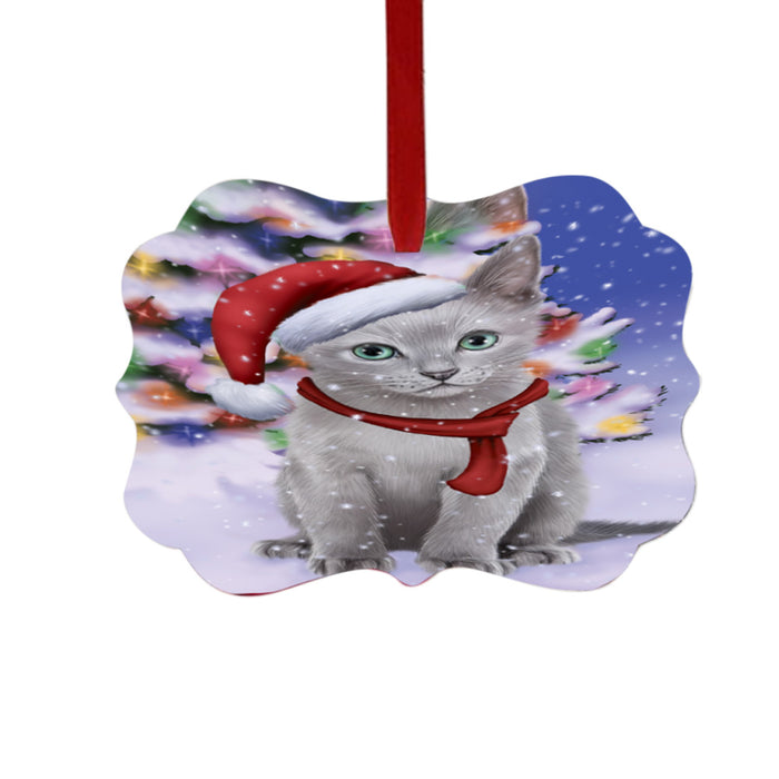 Winterland Wonderland Russian Blue Cat In Christmas Holiday Scenic Background Double-Sided Photo Benelux Christmas Ornament LOR49629