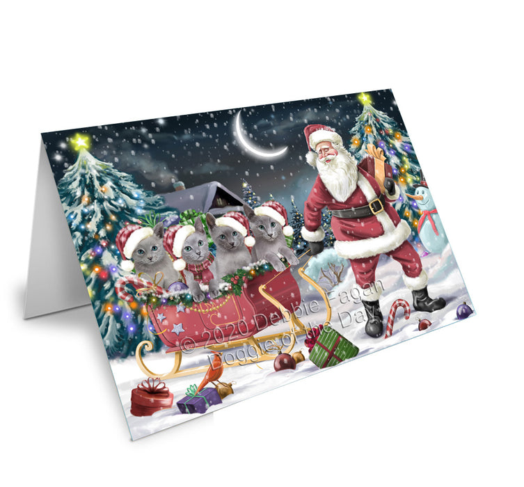 Christmas Santa Sled Russian Blue Cats Handmade Artwork Assorted Pets Greeting Cards and Note Cards with Envelopes for All Occasions and Holiday Seasons