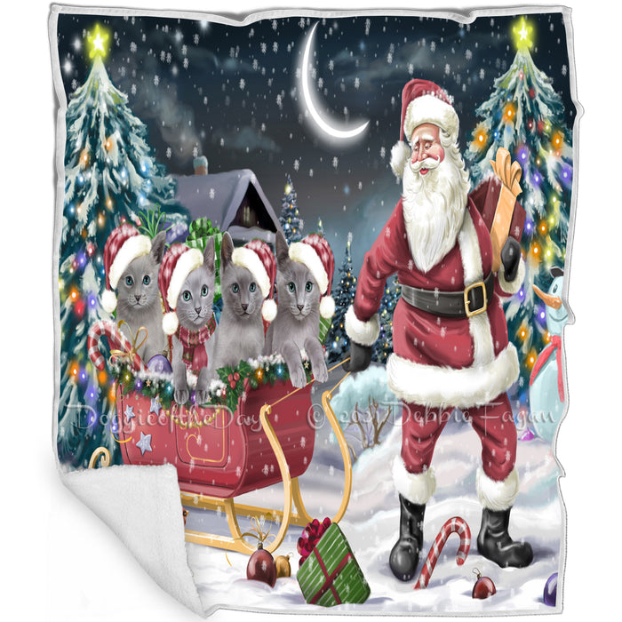 Merry Christmas Happy Holiday Santa Sled Russian Blue Cats Blanket BLNKT143402