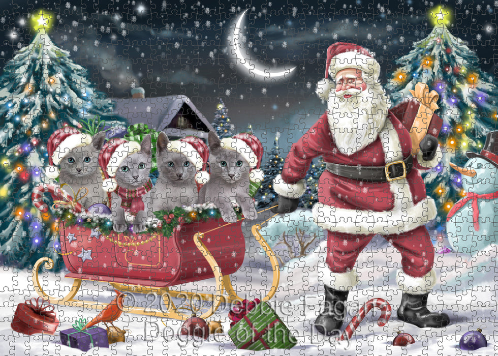 Christmas Santa Sled Russian Blue Cats Portrait Jigsaw Puzzle for Adults Animal Interlocking Puzzle Game Unique Gift for Dog Lover's with Metal Tin Box