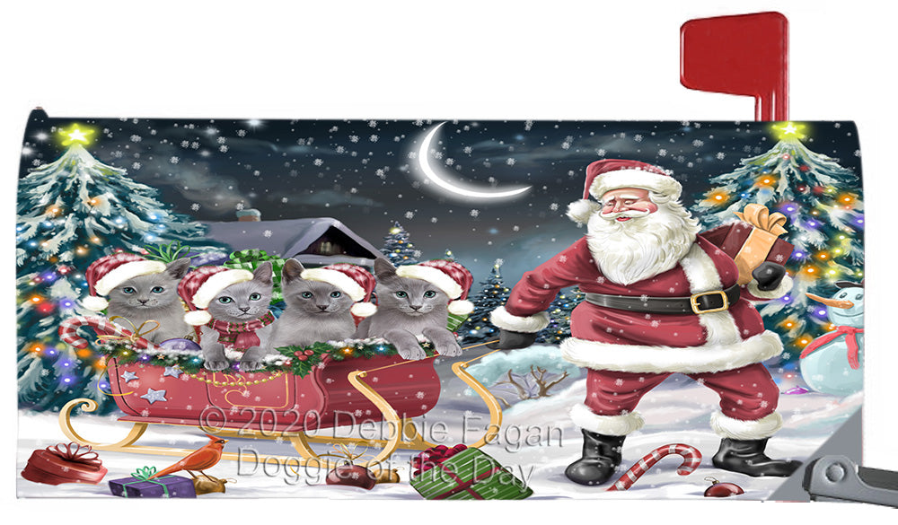 Christmas Santa Sled Russian Blue Cats Magnetic Mailbox Cover Both Sides Pet Theme Printed Decorative Letter Box Wrap Case Postbox Thick Magnetic Vinyl Material