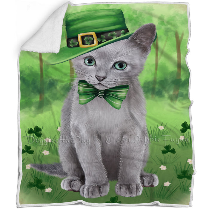 St. Patricks Day Irish Portrait Russian Blue Cat Blanket BLNKT132960