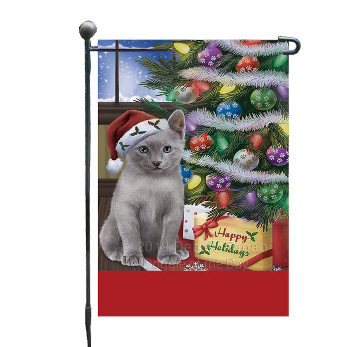 Personalized Christmas Happy Holidays Russian Blue Cat with Tree and Presents Custom Garden Flags GFLG-DOTD-A58661