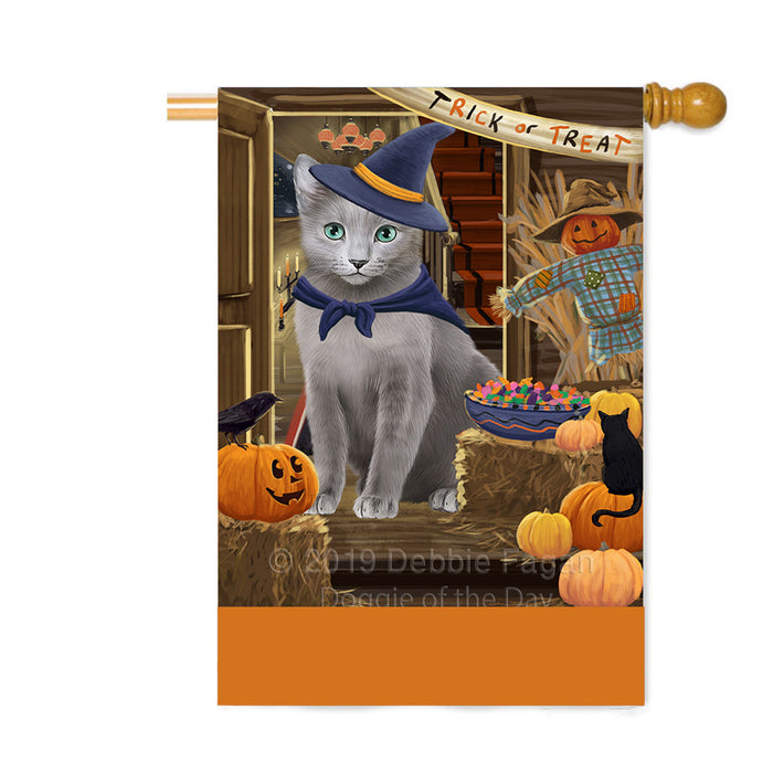 Personalized Enter at Own Risk Trick or Treat Halloween Russian Blue Cat Custom House Flag FLG-DOTD-A59753