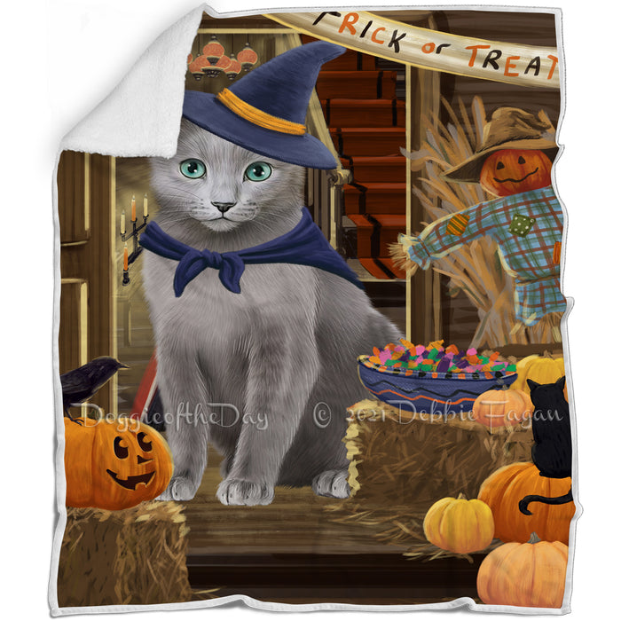 Enter at Own Risk Trick or Treat Halloween Russian Blue Cat Blanket BLNKT96582