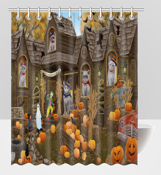 Haunted House Halloween Trick or Treat Russian Blue Cats Shower Curtain