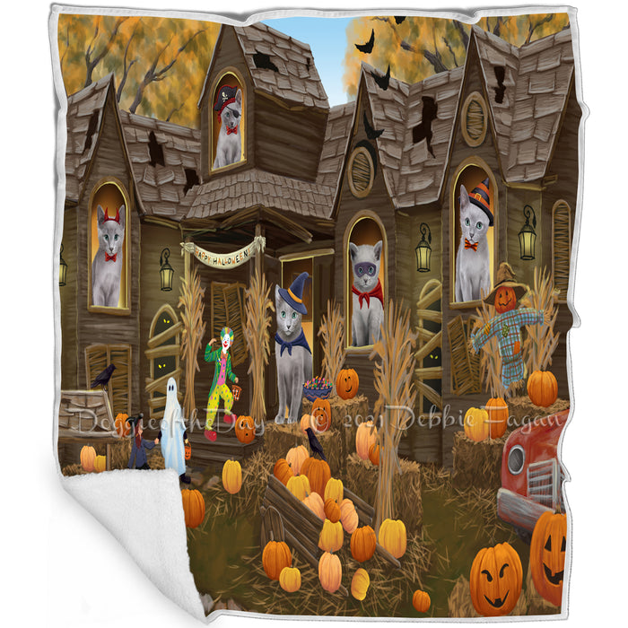 Haunted House Halloween Trick or Treat Russian Blue Cats Blanket BLNKT93369