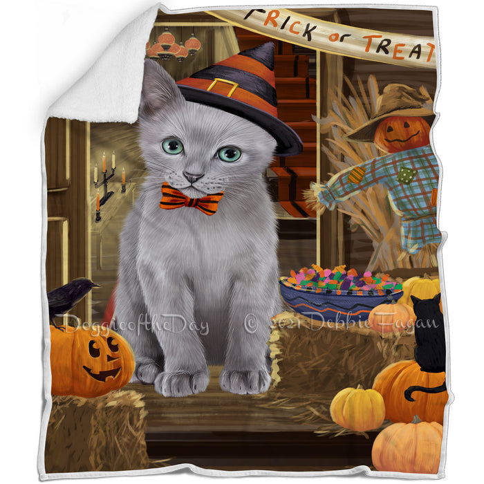 Enter at Own Risk Trick or Treat Halloween Russian Blue Cat Blanket BLNKT96618