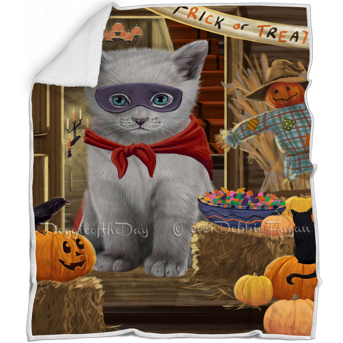 Enter at Own Risk Trick or Treat Halloween Russian Blue Cat Blanket BLNKT96591