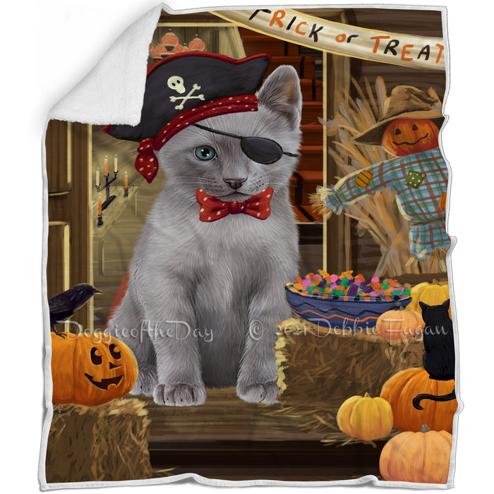 Enter at Own Risk Trick or Treat Halloween Russian Blue Cat Blanket BLNKT96600