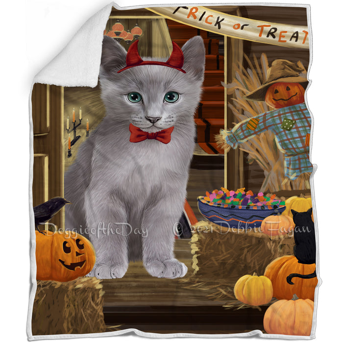 Enter at Own Risk Trick or Treat Halloween Russian Blue Cat Blanket BLNKT96609