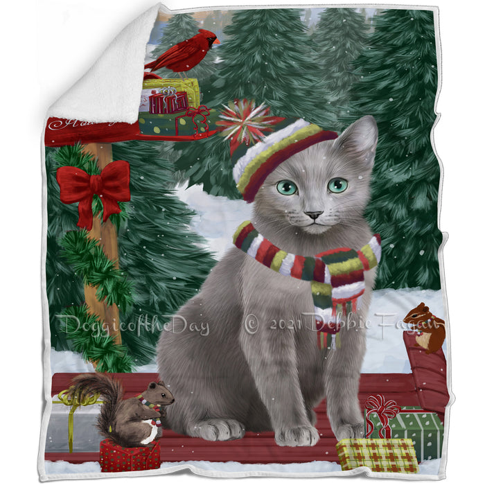 Merry Christmas Woodland Sled Russian Blue Cat Blanket BLNKT114546