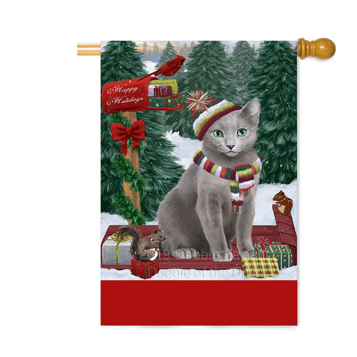 Personalized Merry Christmas Woodland Sled Russian Blue Cat Custom House Flag FLG-DOTD-A61726