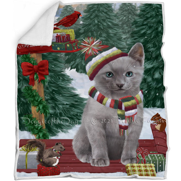 Merry Christmas Woodland Sled Russian Blue Cat Blanket BLNKT114555