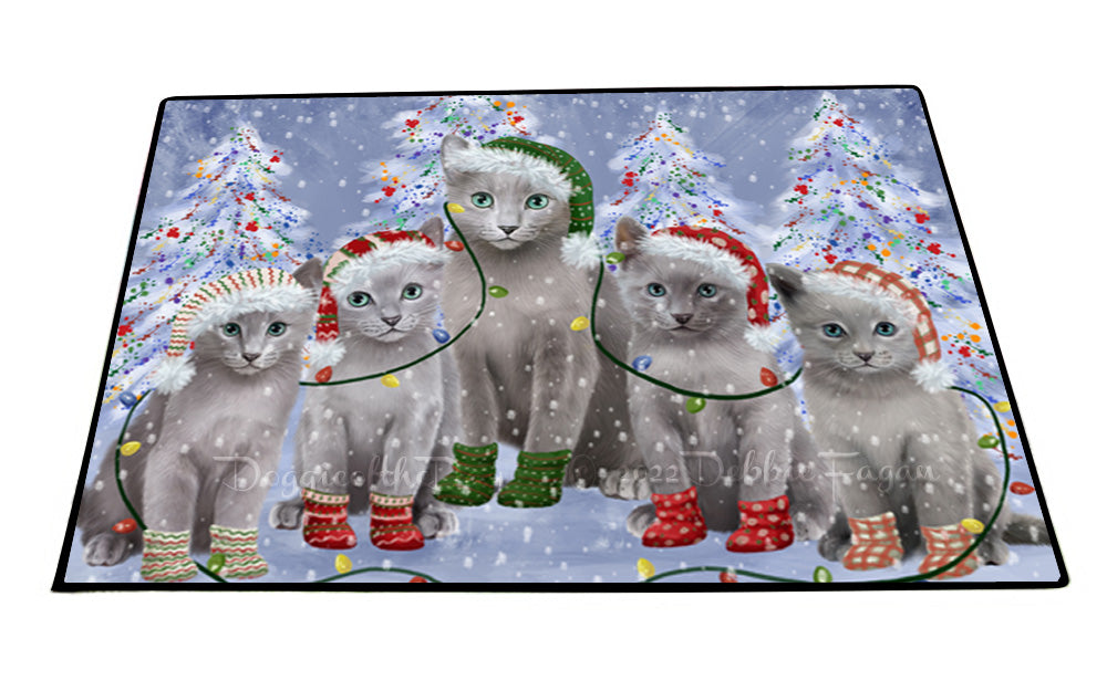 Christmas Lights and Russian Blue Cats Floor Mat- Anti-Slip Pet Door Mat Indoor Outdoor Front Rug Mats for Home Outside Entrance Pets Portrait Unique Rug Washable Premium Quality Mat