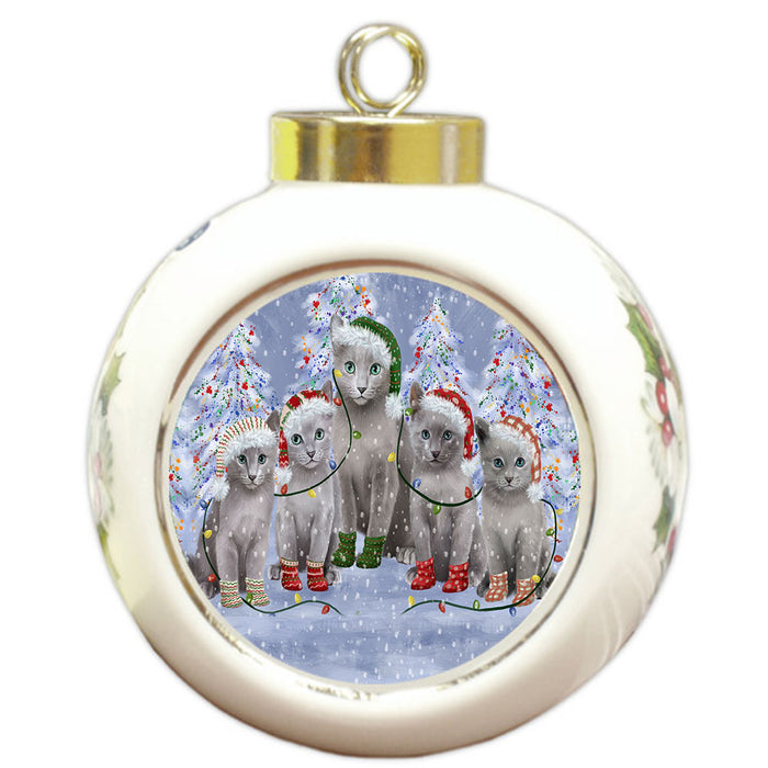 Christmas Lights and Russian Blue Cats Round Ball Christmas Ornament Pet Decorative Hanging Ornaments for Christmas X-mas Tree Decorations - 3" Round Ceramic Ornament