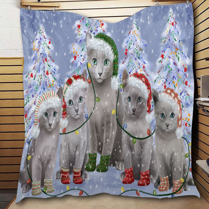 Christmas Lights and Russian Blue Cats  Quilt Bed Coverlet Bedspread - Pets Comforter Unique One-side Animal Printing - Soft Lightweight Durable Washable Polyester Quilt