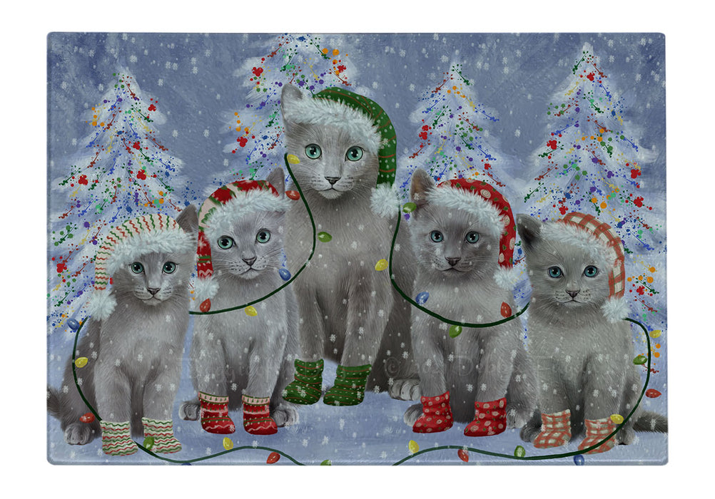 Christmas Lights and Russian Blue Cats Cutting Board - For Kitchen - Scratch & Stain Resistant - Designed To Stay In Place - Easy To Clean By Hand - Perfect for Chopping Meats, Vegetables